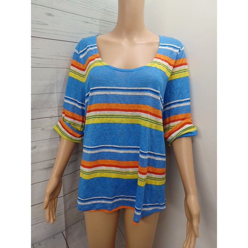 Lauren Ralph Lauren 100% Linen Shirt Womens XL Striped Blue Red 1/2 Sleeve Top